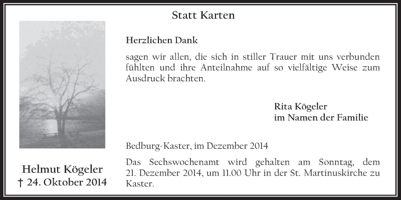  Traueranzeige für Helmut Kögeler vom 17.12.2014 aus  Werbepost 