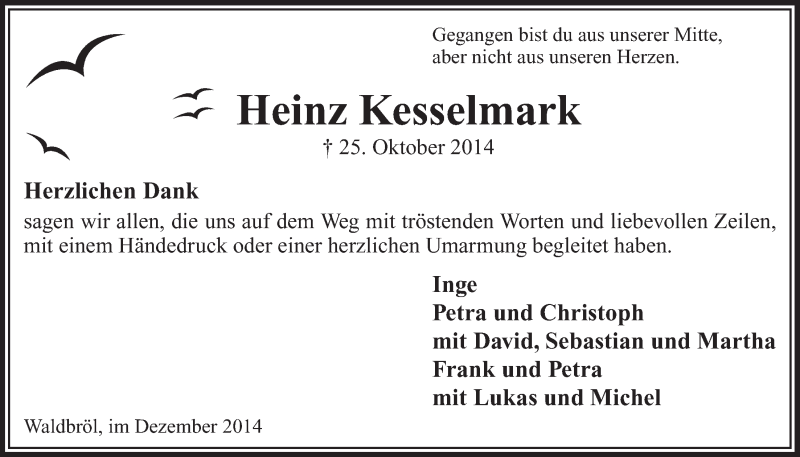  Traueranzeige für Heinz Kesselmark vom 10.12.2014 aus  Lokalanzeiger 