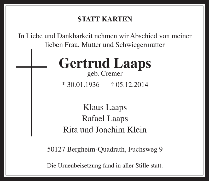  Traueranzeige für Gertrud Laaps vom 10.12.2014 aus  Werbepost 