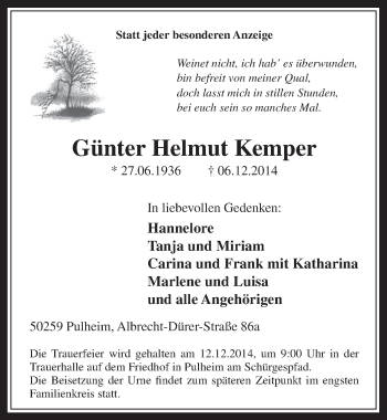 Anzeige von Günter Helmut Kemper von  Wochenende 