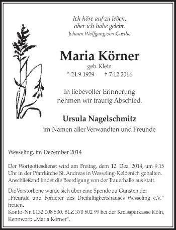 Anzeige von Maria Körner von  Schlossbote/Werbekurier 