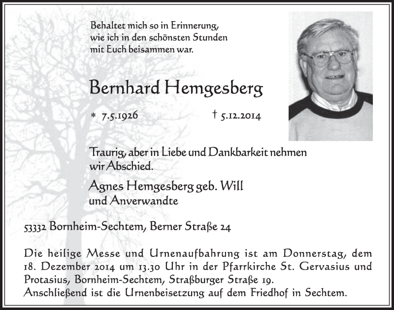  Traueranzeige für Bernhard Hemgesberg vom 10.12.2014 aus  Schlossbote/Werbekurier 