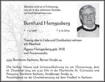 Anzeige von Bernhard Hemgesberg von  Schlossbote/Werbekurier 