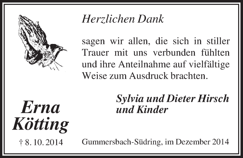  Traueranzeige für Erna KÃ¶tting vom 10.12.2014 aus  Anzeigen Echo 