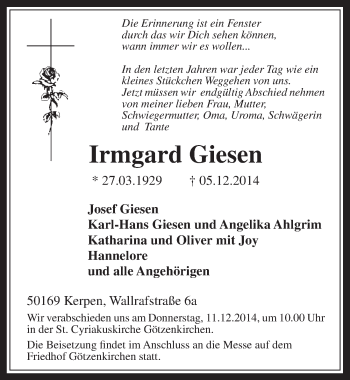 Anzeige von Irmgard Giesen von  Werbepost 