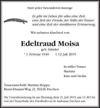 Anzeige von Edeltraud Moisa von  Sonntags-Post 