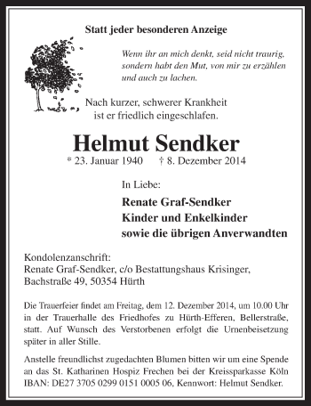Anzeige von Helmut Sendker von  Wochenende 