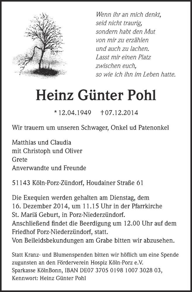  Traueranzeige für Heinz Günter Pohl vom 10.12.2014 aus  Kölner Wochenspiegel 