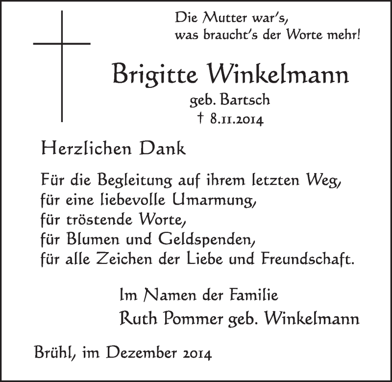  Traueranzeige für Brigitte Winkelmann vom 10.12.2014 aus  Schlossbote/Werbekurier 