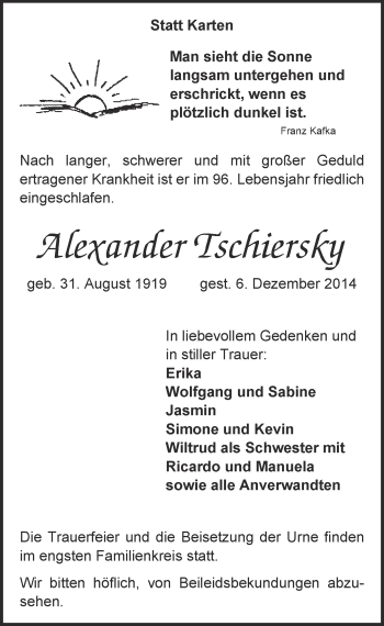 Anzeige von Alexander Tschiersky von  Kölner Wochenspiegel 