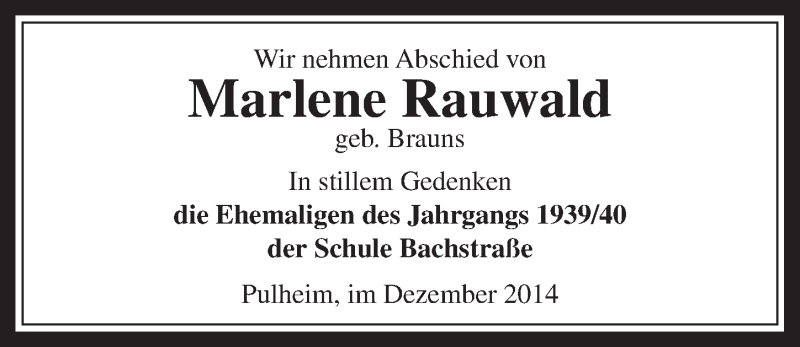  Traueranzeige für Marlene Rauwald vom 13.12.2014 aus  Sonntags-Post 