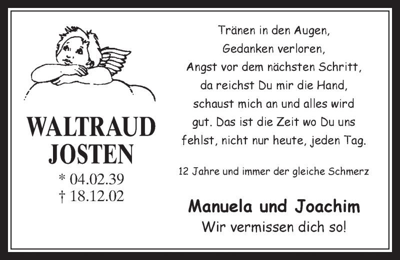  Traueranzeige für Waltraud Josten vom 17.12.2014 aus  Werbepost 
