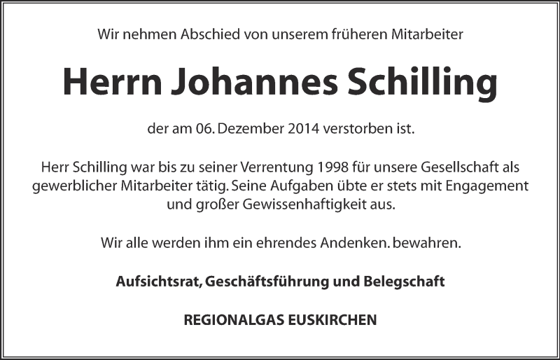  Traueranzeige für Johannes Schilling vom 17.12.2014 aus  Schaufenster/Blickpunkt 