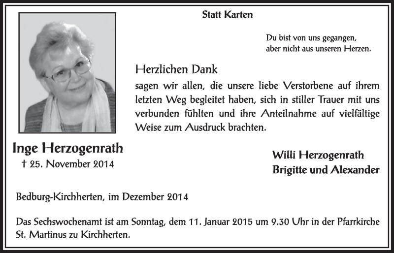  Traueranzeige für Inge Herzogenrath vom 27.12.2014 aus  Sonntags-Post 