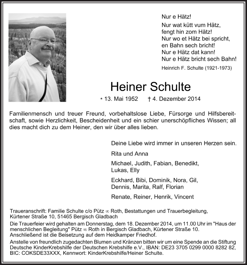  Traueranzeige für Heiner Schulte vom 13.12.2014 aus  Bergisches Sonntagsblatt 