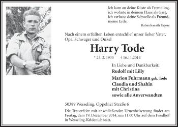 Anzeige von Harry Tode von  Schlossbote/Werbekurier 