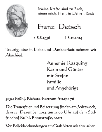 Anzeige von Franz Detsch von  Schlossbote/Werbekurier 