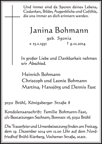 Anzeige von Janina Bohmann von  Schlossbote/Werbekurier 