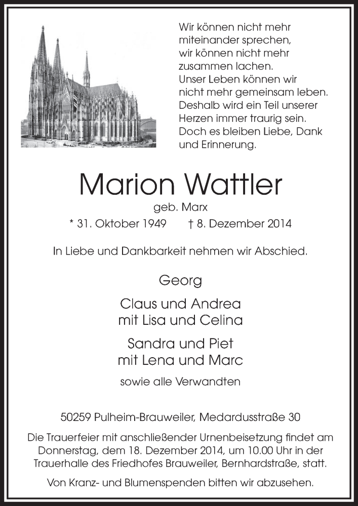  Traueranzeige für Marion Wattler vom 13.12.2014 aus  Sonntags-Post 