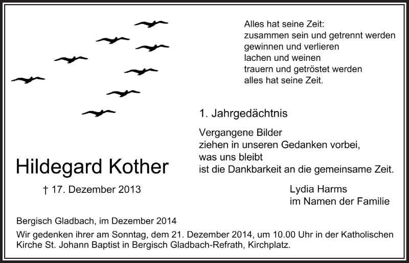  Traueranzeige für Hildegard Kother vom 17.12.2014 aus  Bergisches Handelsblatt 