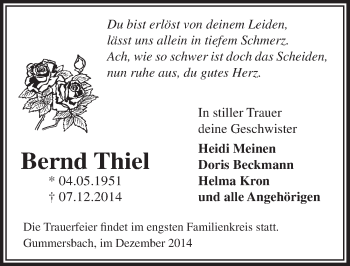 Anzeige von Bernd Thiel von  Anzeigen Echo 