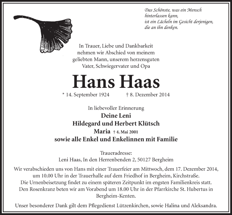  Traueranzeige für Hans Haas vom 13.12.2014 aus  Sonntags-Post 