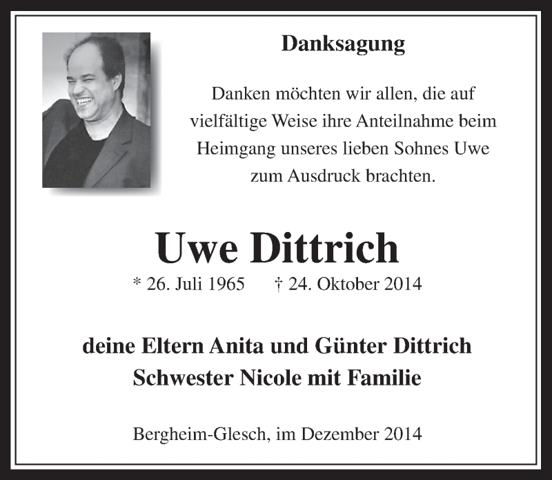 Traueranzeige für Uve Dittrich vom 17.12.2014 aus  Werbepost 