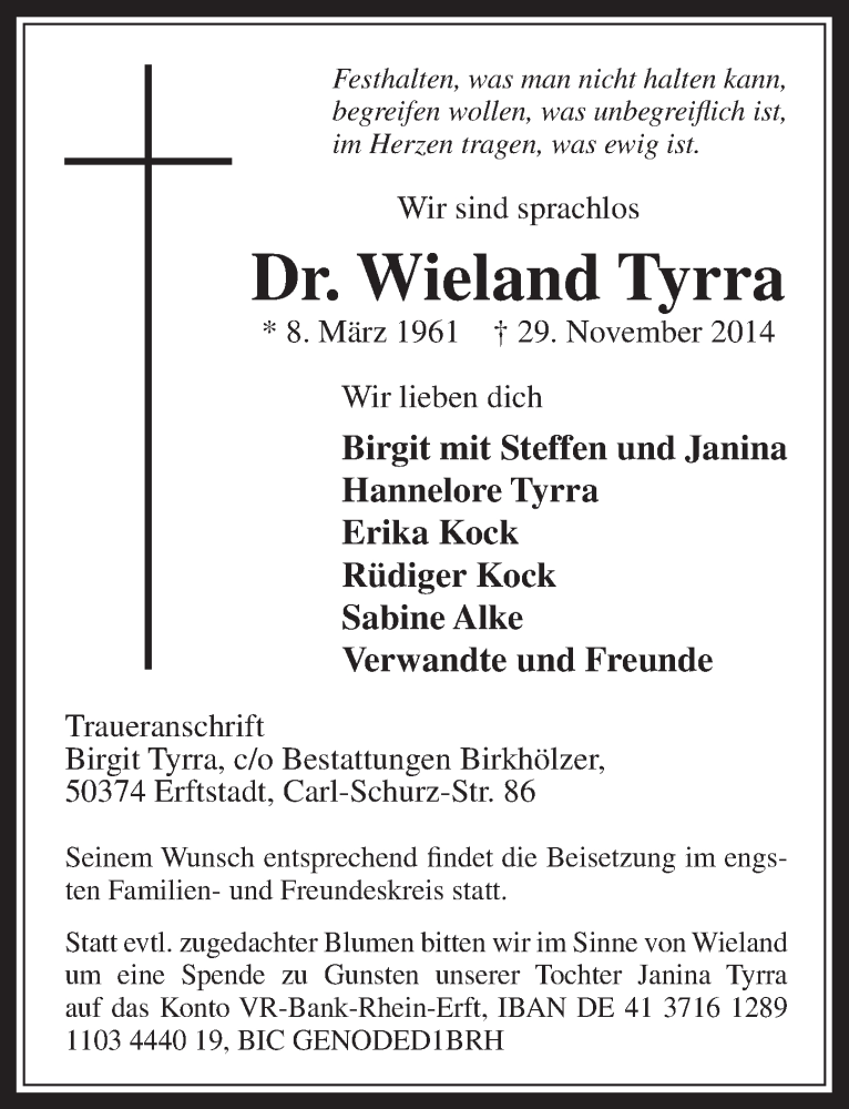  Traueranzeige für Wieland Tyrra vom 13.12.2014 aus  Sonntags-Post 