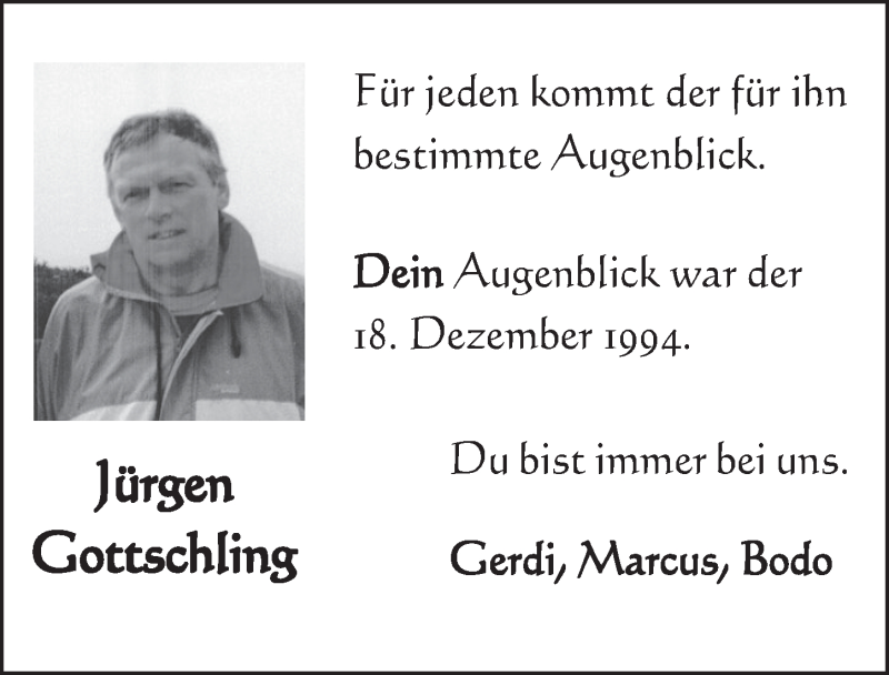  Traueranzeige für Jürgen Gottschling vom 17.12.2014 aus  Schlossbote/Werbekurier 