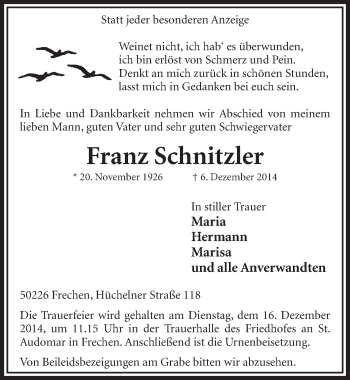 Anzeige von Franz Schnitzler von  Sonntags-Post 