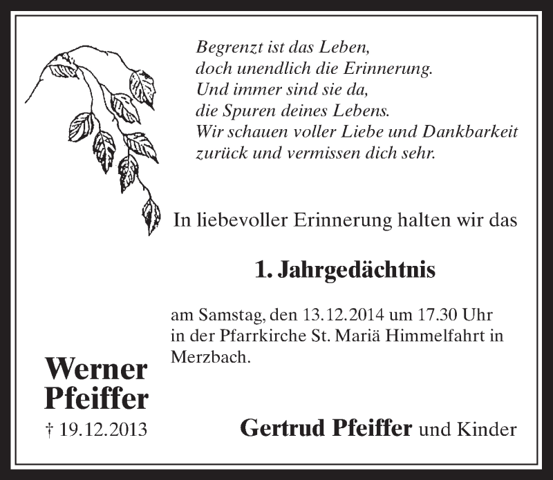  Traueranzeige für Werner Pfeiffer vom 13.12.2014 aus  Schaufenster/Blickpunkt am Wochenende 