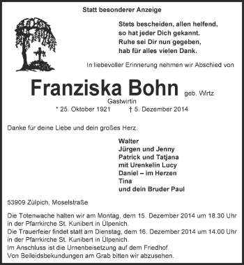 Anzeige von Franziska Bohn von  Blickpunkt Euskirchen 