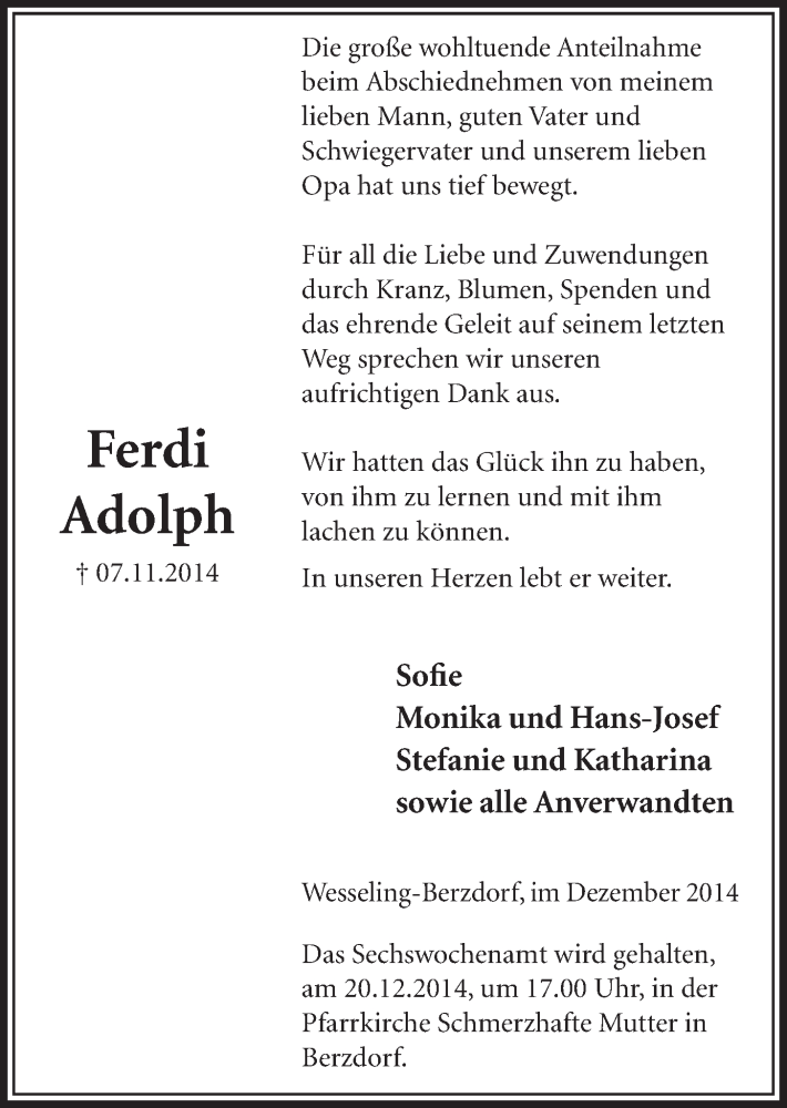  Traueranzeige für Ferdi Adolph vom 17.12.2014 aus  Schlossbote/Werbekurier 