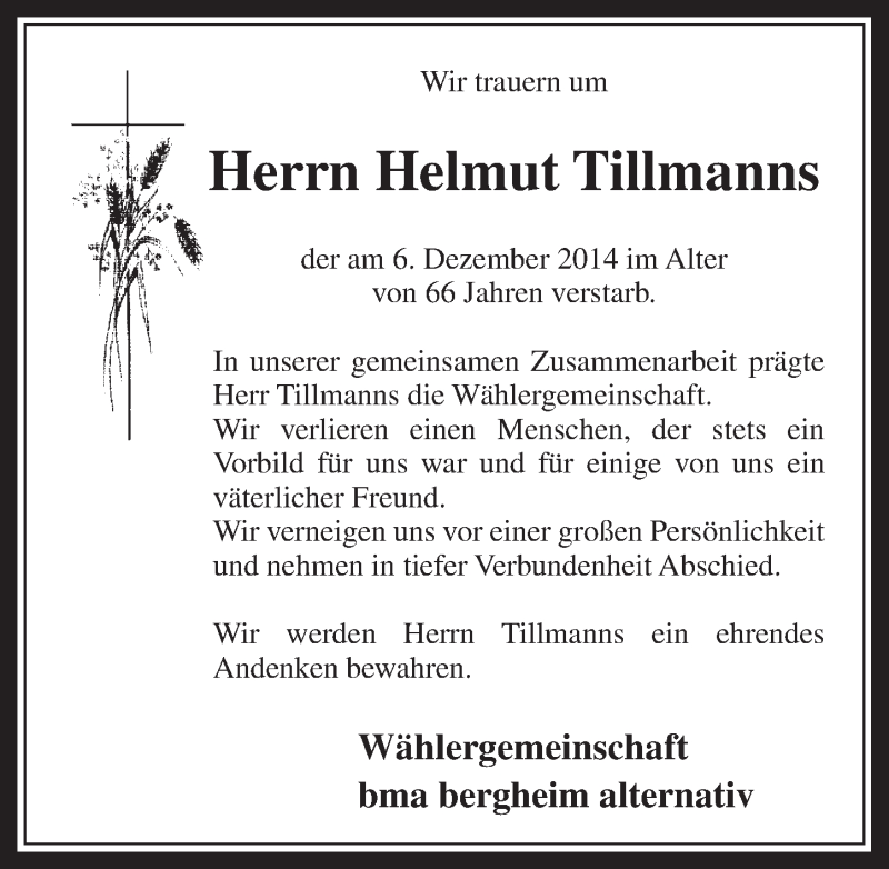  Traueranzeige für Helmut Tillmanns vom 13.12.2014 aus  Sonntags-Post 