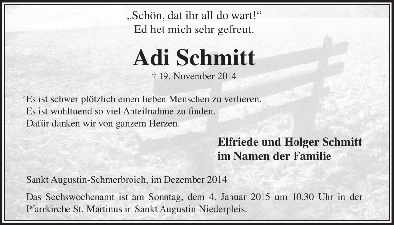 Traueranzeige für Adi Schmitt vom 17.12.2014 aus  Extra Blatt 