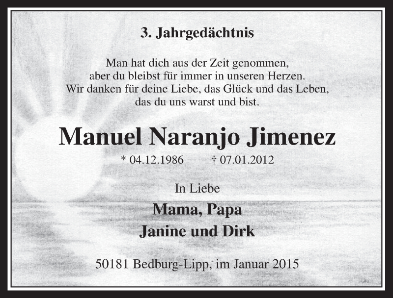  Traueranzeige für Manuel Naranjo Jimenez vom 07.01.2015 aus  Werbepost 