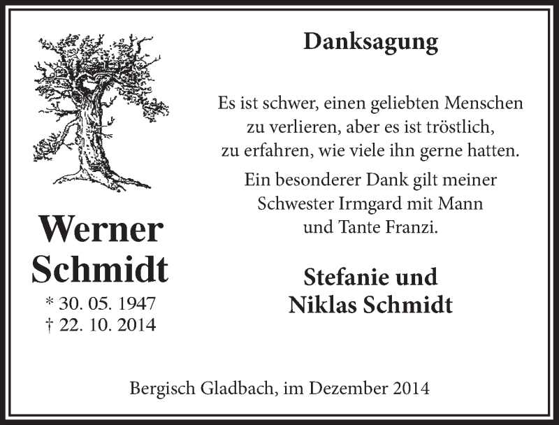 Traueranzeige für Werner Schmidt vom 17.12.2014 aus  Bergisches Handelsblatt 