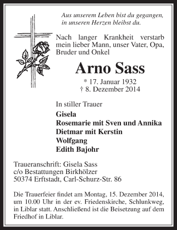 Anzeige von Arno Sass von  Sonntags-Post 