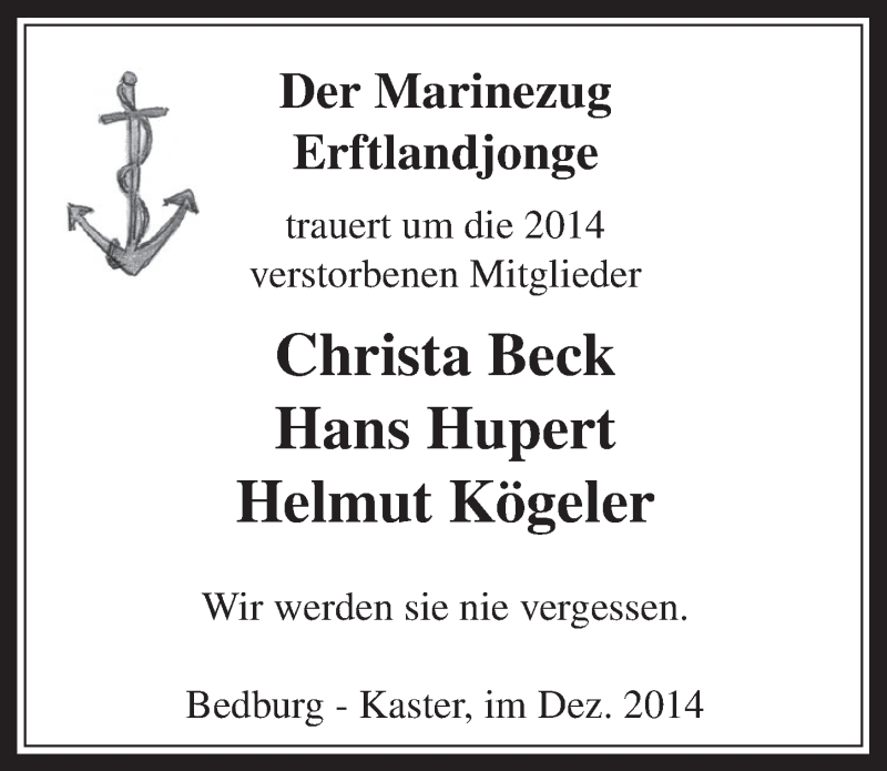  Traueranzeige für Christa Beck vom 17.12.2014 aus  Werbepost 