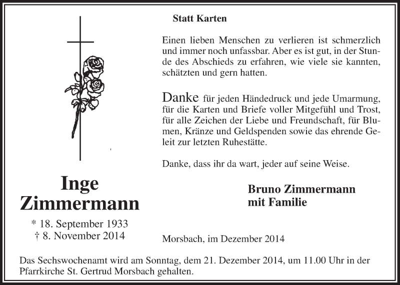  Traueranzeige für Inge Zimmermann vom 17.12.2014 aus  Lokalanzeiger 