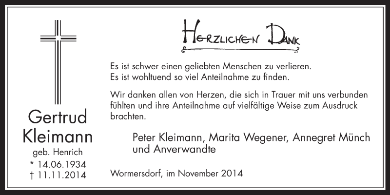  Traueranzeige für Gertrud Kleimann vom 17.12.2014 aus  Schaufenster/Blickpunkt 