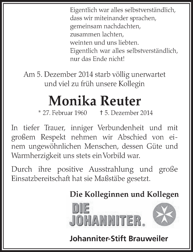  Traueranzeige für Monika Reuter vom 13.12.2014 aus  Sonntags-Post 