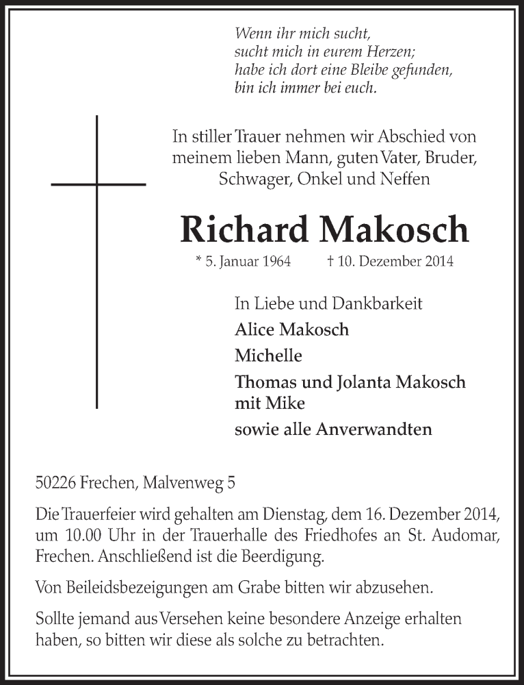  Traueranzeige für Richard Makosch vom 13.12.2014 aus  Sonntags-Post 