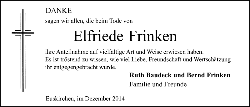  Traueranzeige für Elfriede Frinken vom 14.12.2014 aus  Blickpunkt Euskirchen 