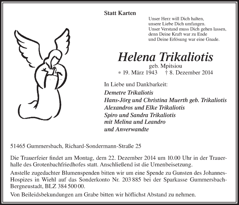  Traueranzeige für Helena Trikaliotis vom 17.12.2014 aus  Anzeigen Echo 