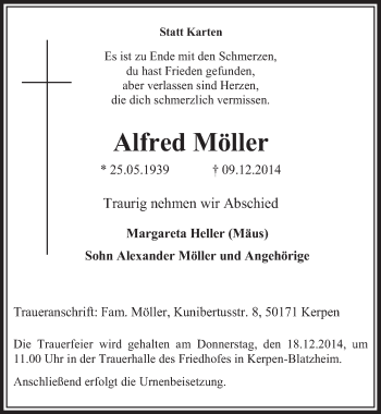 Anzeige von Alfred Möller von  Sonntags-Post 