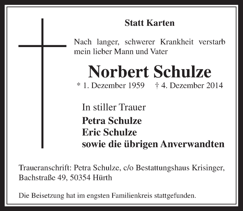  Traueranzeige für Norbert Schulze vom 17.12.2014 aus  Wochenende 