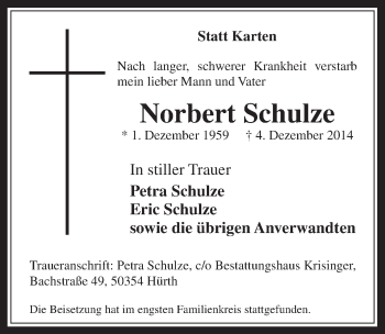 Anzeige von Norbert Schulze von  Wochenende 