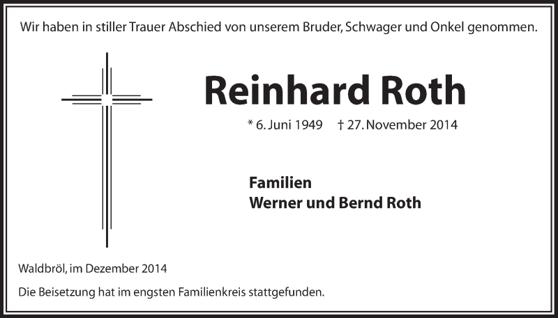  Traueranzeige für Reinhard Roth vom 17.12.2014 aus  Lokalanzeiger 