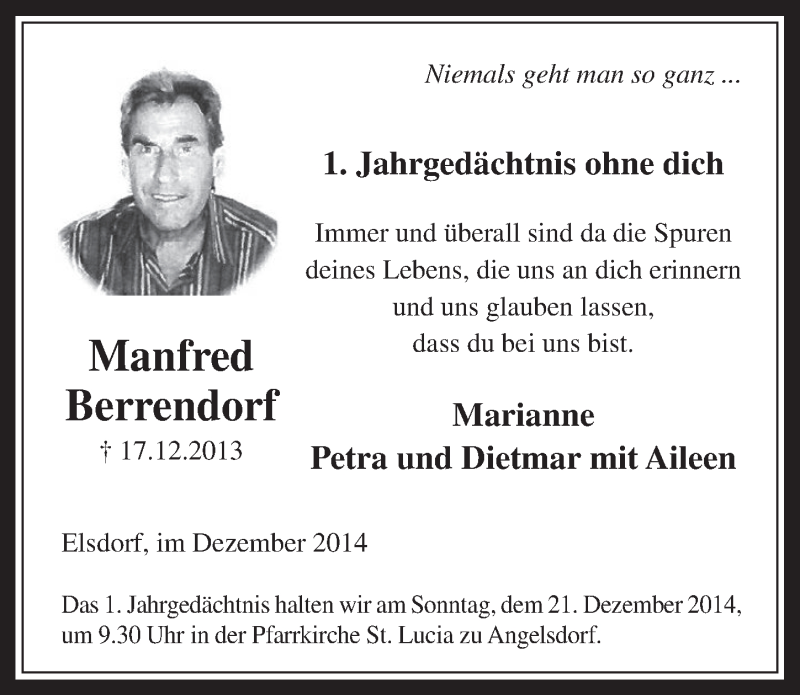  Traueranzeige für Manfred Berrendorf vom 17.12.2014 aus  Werbepost 
